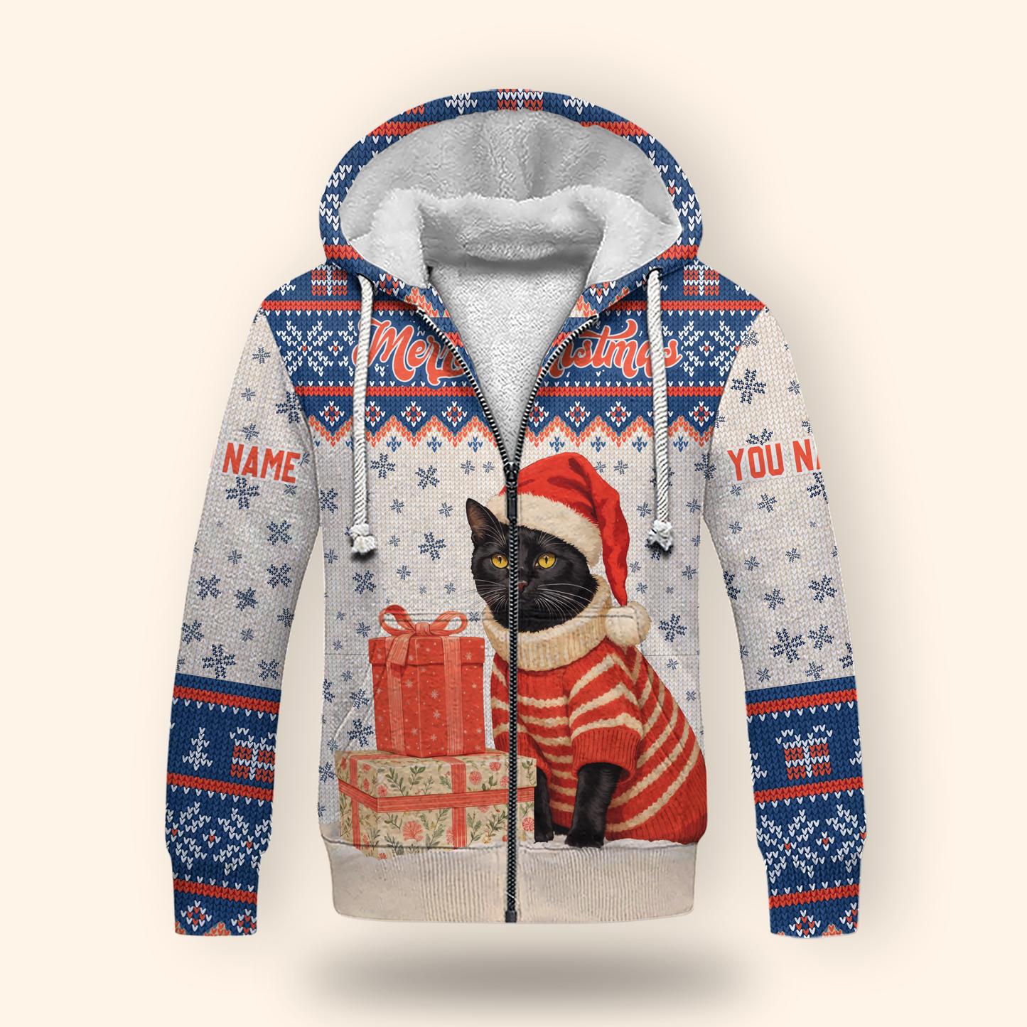 Black Cat Christmas Hoodie – Custom Name Santa Cat Zip Up
