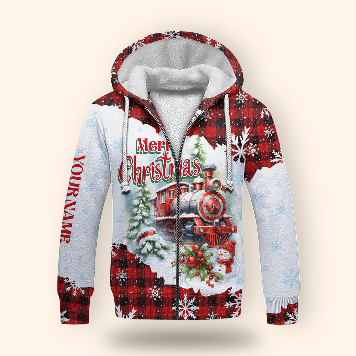 Christmas Train Hoodie – Vintage Steam Engine Design, Custom Name Plaid Holiday Zip Up, Custom Choo