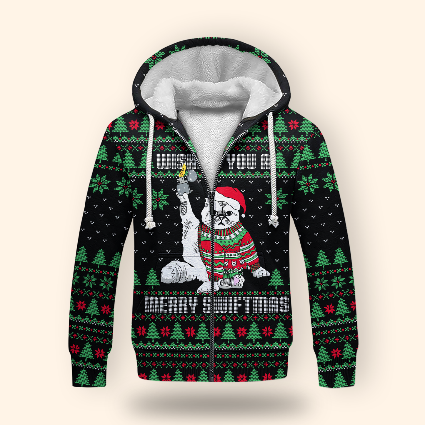 Funny Cat Christmas Hoodie – Wishing You a Merry Swiftmas, Ugly Sweater Style Zip Up, Holiday Hoodie for Cat Lovers
