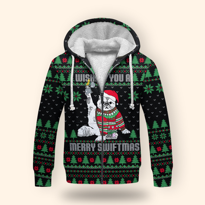 Funny Cat Christmas Hoodie – Wishing You a Merry Swiftmas, Ugly Sweater Style Zip Up, Holiday Hoodie for Cat Lovers