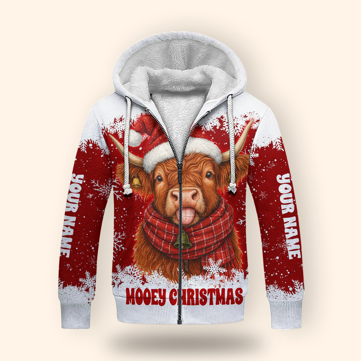 Custom Name Mooey Christmas Hoodie – Funny Highland Cow Zip Up, Red Holiday Hoodie Gift Idea