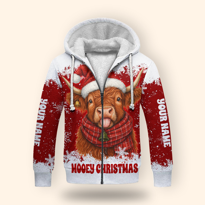 Custom Name Mooey Christmas Hoodie – Funny Highland Cow Zip Up, Red Holiday Hoodie Gift Idea