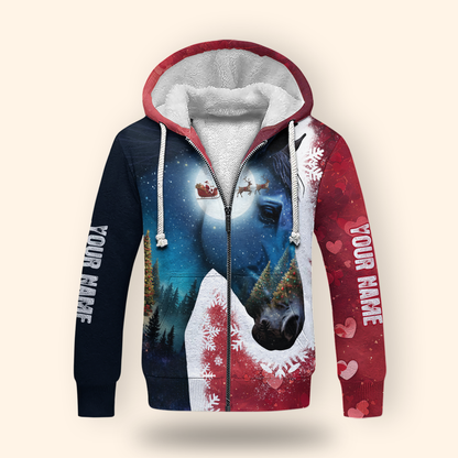 Personalized Horse Christmas Hoodie – Custom Name Zip Up, Winter Moonlight Horse & Santa Sleigh Sweatshirt Gift