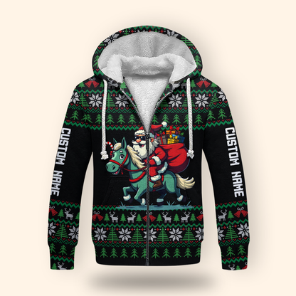Funny Santa Riding Horse Hoodie – Custom Name Christmas Zip Up, Ugly Sweater Style, Holiday Hoodie for Horse Lovers