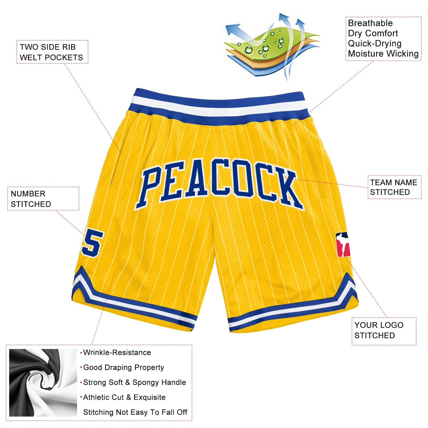 Custom Gold White Pinstripe Royal-White Authentic Basketball Shorts
