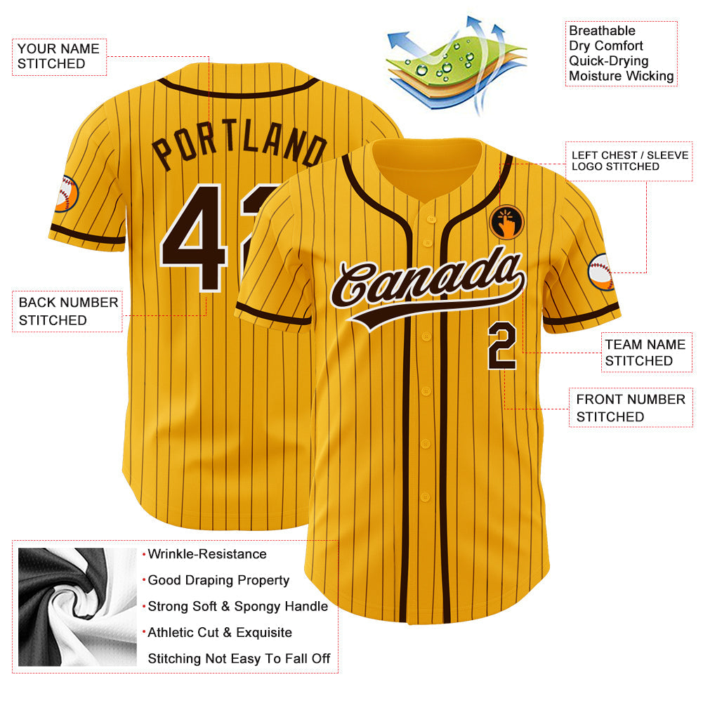 Custom Gold Brown Pinstripe Brown-White Authentic Baseball Jersey