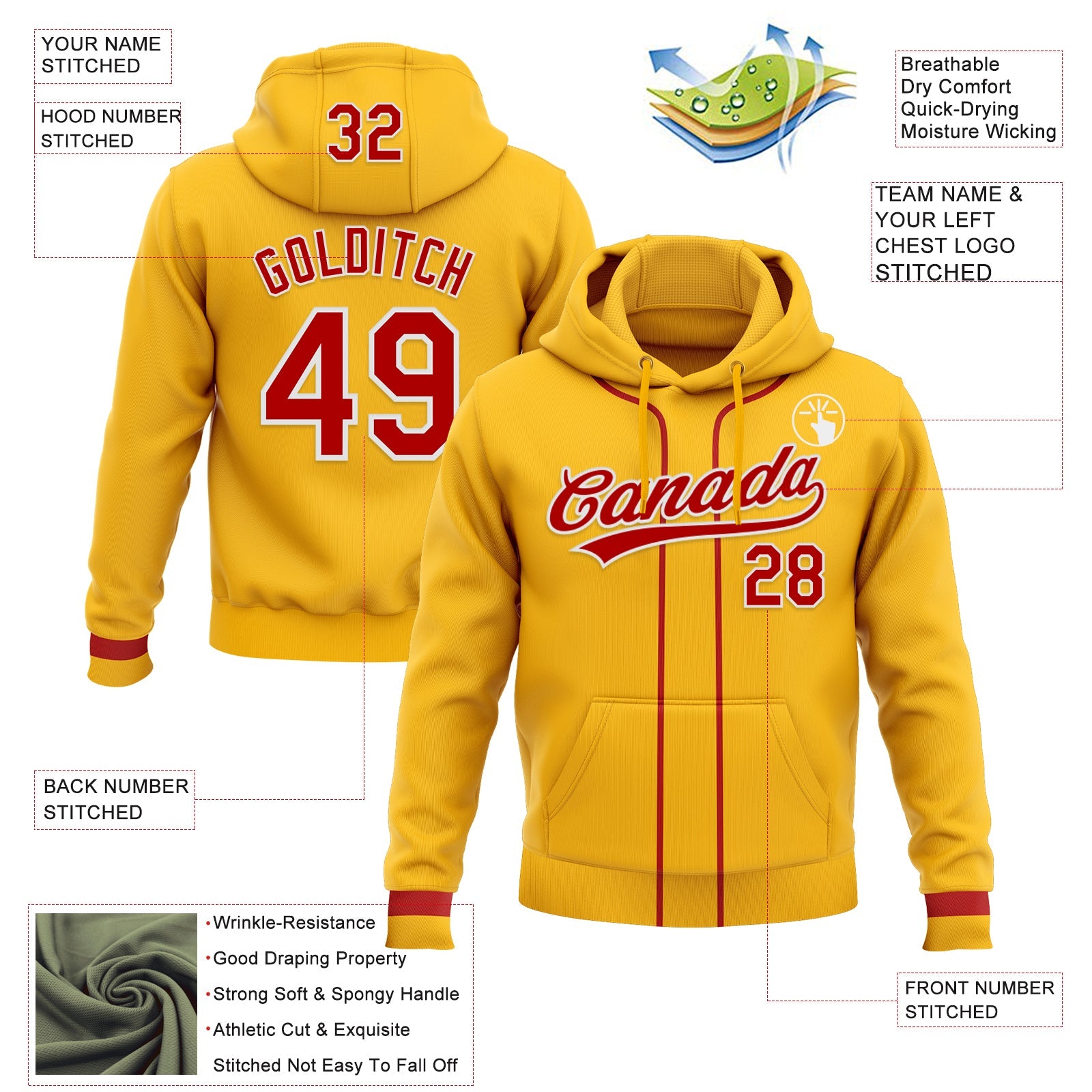 Custom Stitched Gold Red-White Baseball Pullover Sweatshirt Hoodie