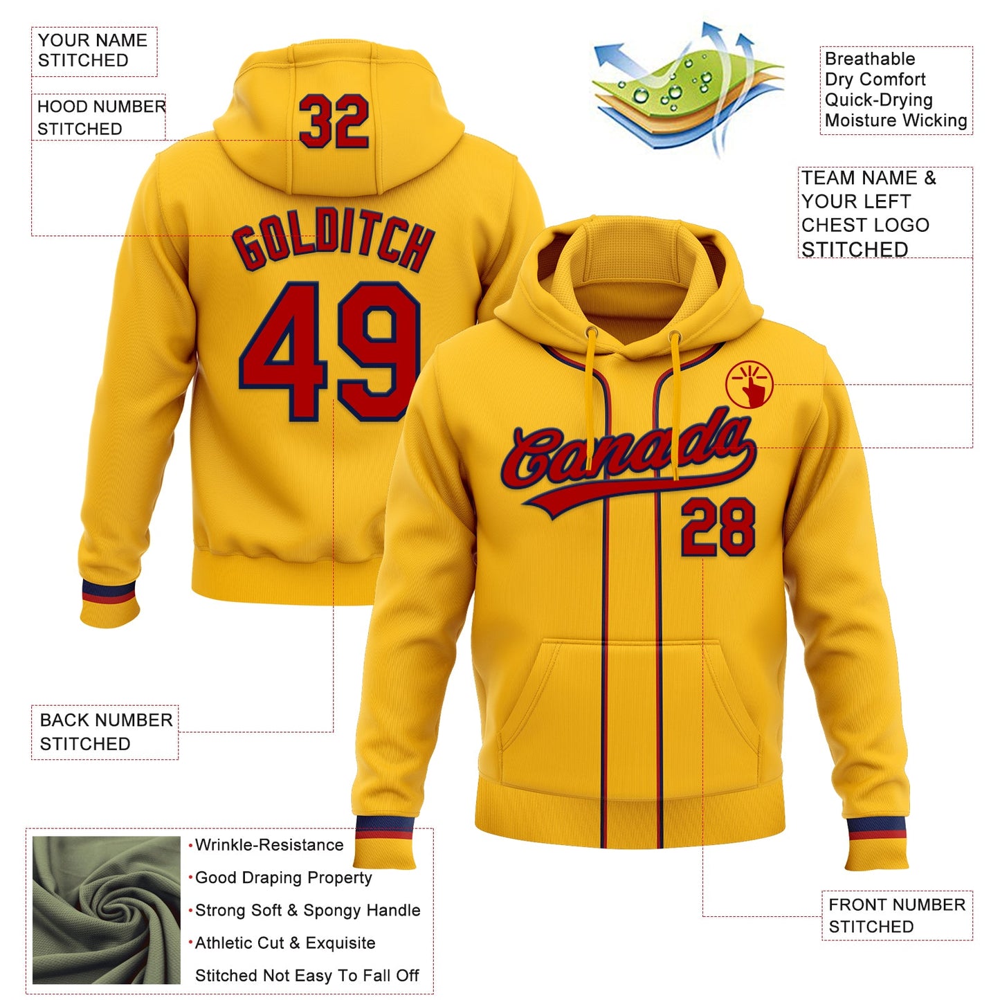 Custom Stitched Gold Red-Navy Baseball Pullover Sweatshirt Hoodie