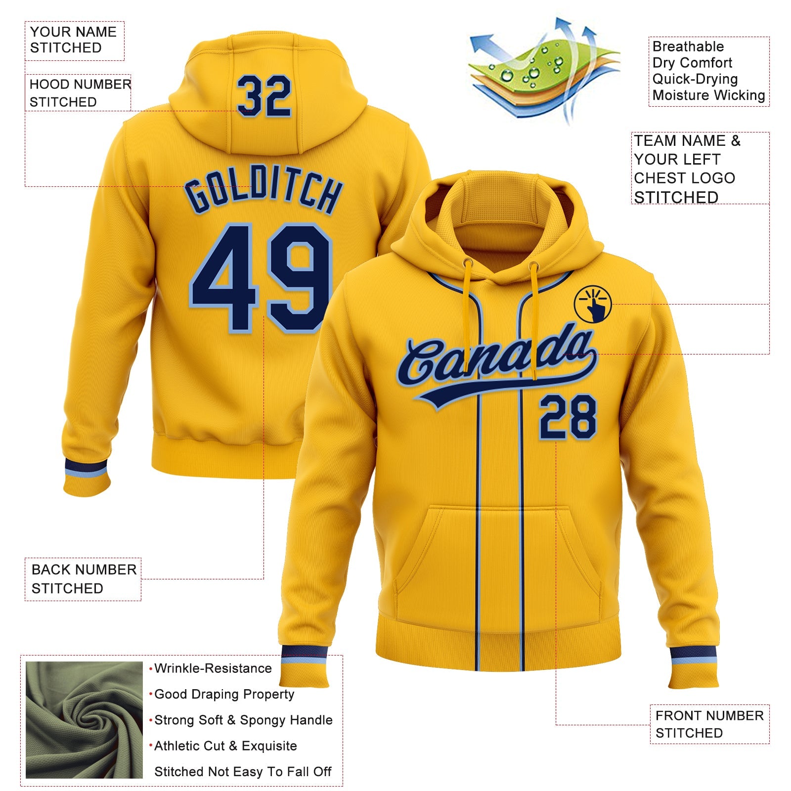 Custom Stitched Gold Navy-Light Blue Baseball Pullover Sweatshirt Hoodie