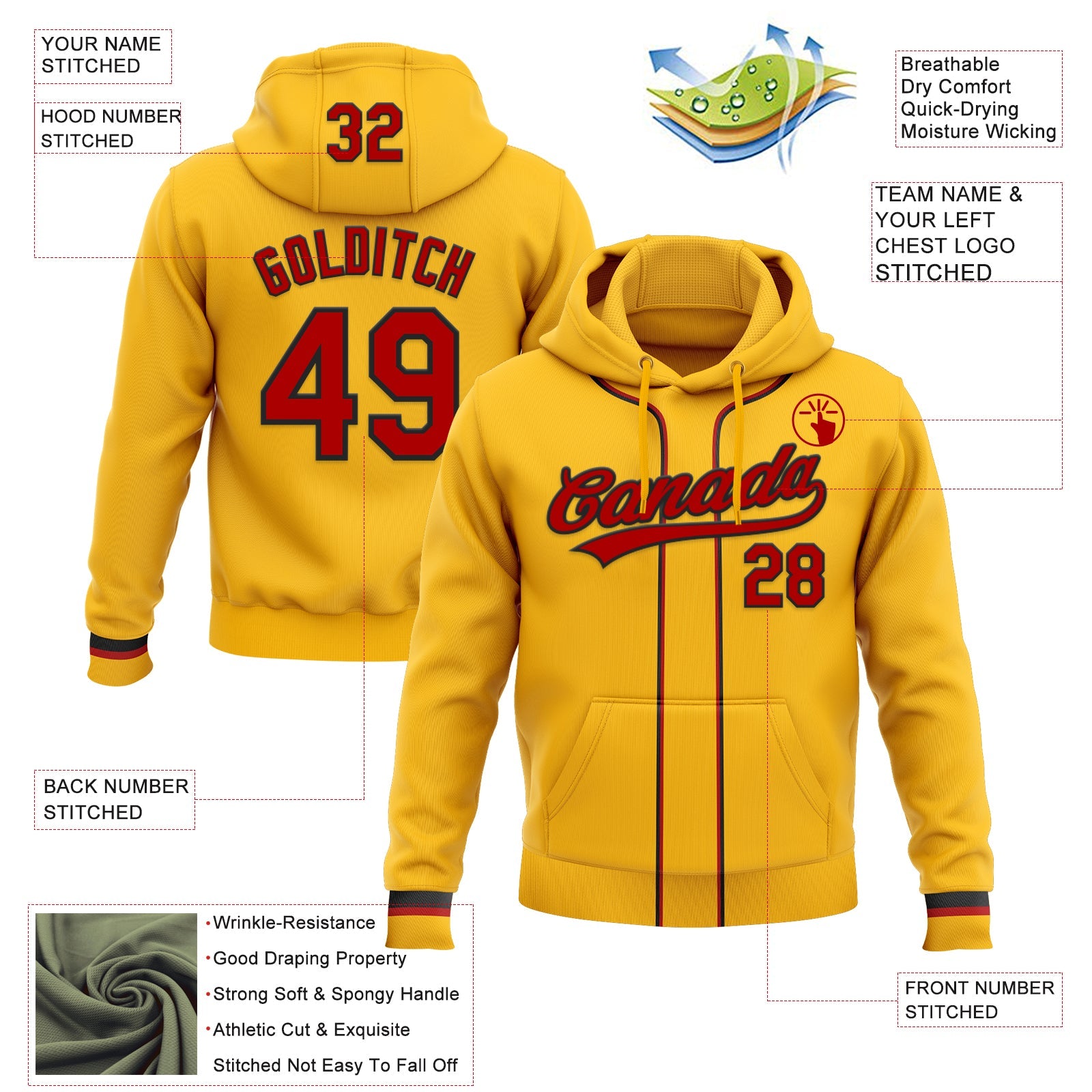 Custom Stitched Gold Red-Black Baseball Pullover Sweatshirt Hoodie