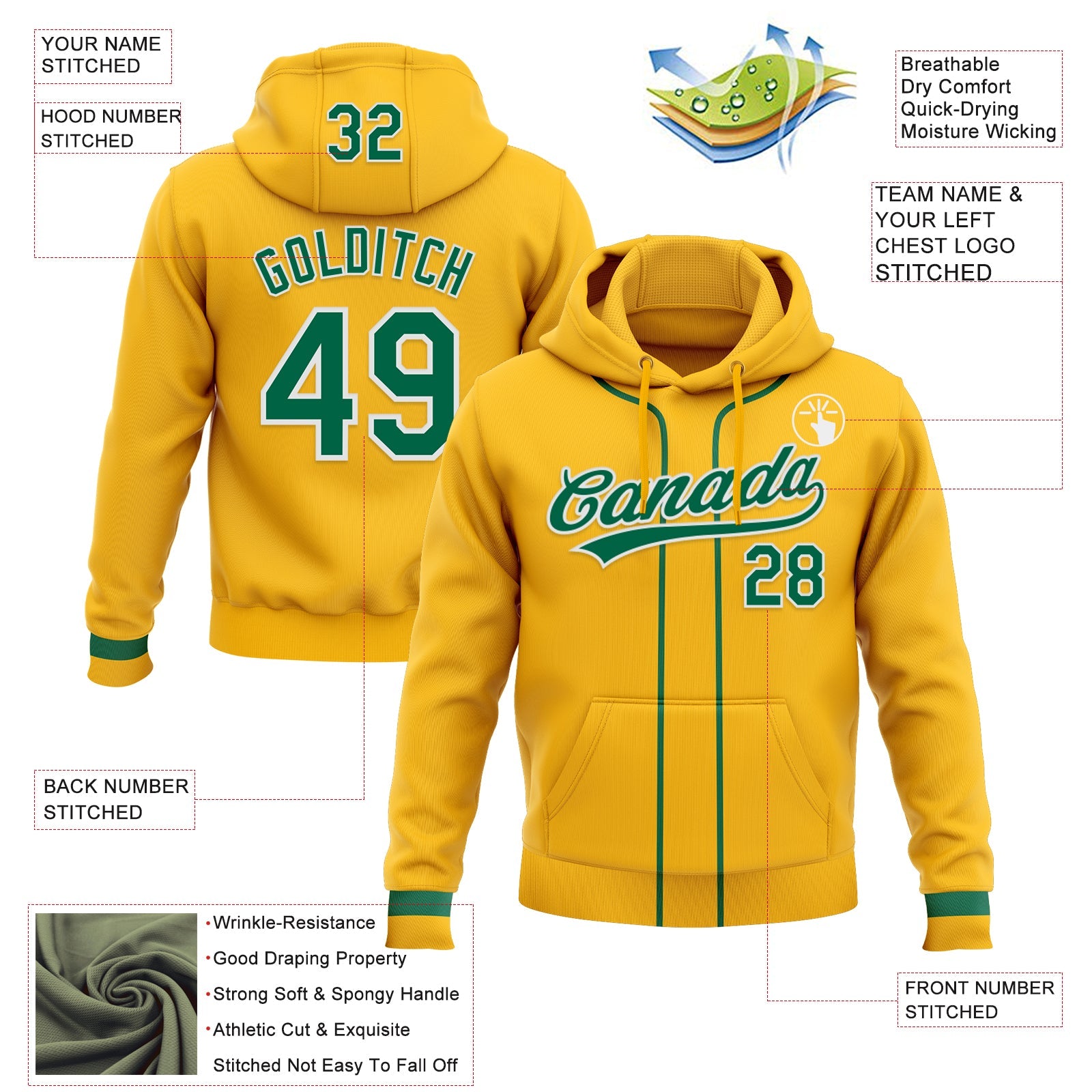 Custom Stitched Gold Kelly Green-White Baseball Pullover Sweatshirt Hoodie