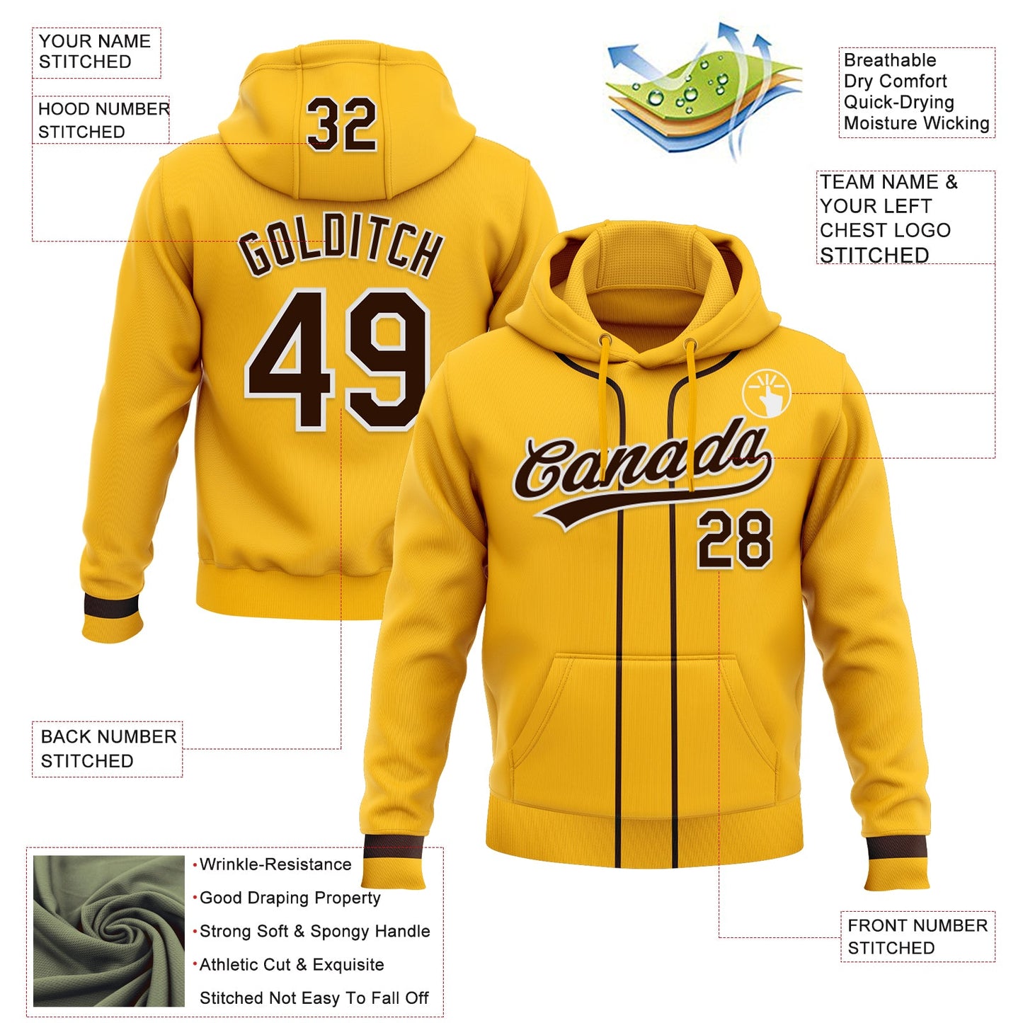 Custom Stitched Gold Brown-White Baseball Pullover Sweatshirt Hoodie