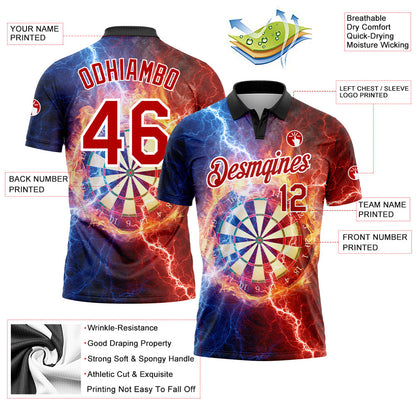 Custom Black Red-White 3D Pattern Design Lightning Flame Dart Board Performance Golf Polo Shirt
