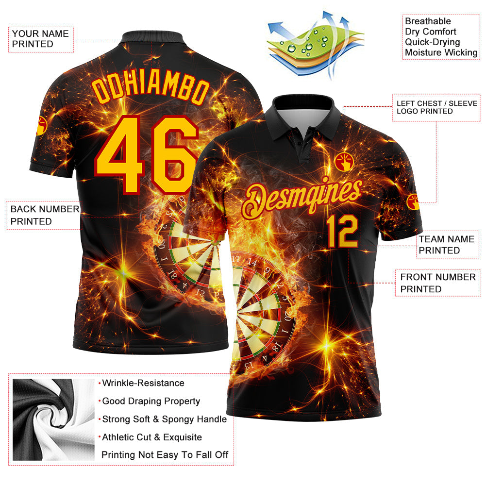 Custom Black Yellow-Red 3D Pattern Design Flame Dart Board Performance Golf Polo Shirt