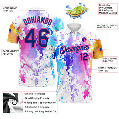 Custom White Royal-Pink 3D Pattern Design Watercolor Performance Golf Polo Shirt