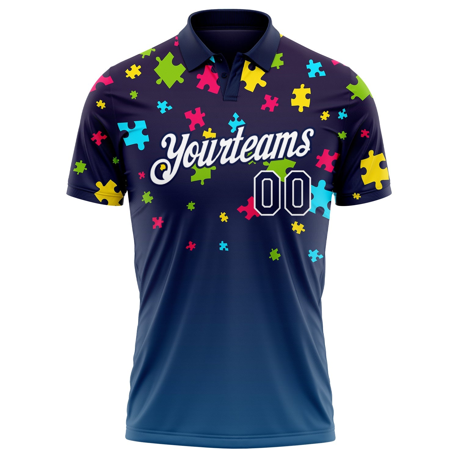 Custom Navy White 3D Pattern Design Autism Supporter Awareness Puzzle Pieces Performance Golf Polo Shirt