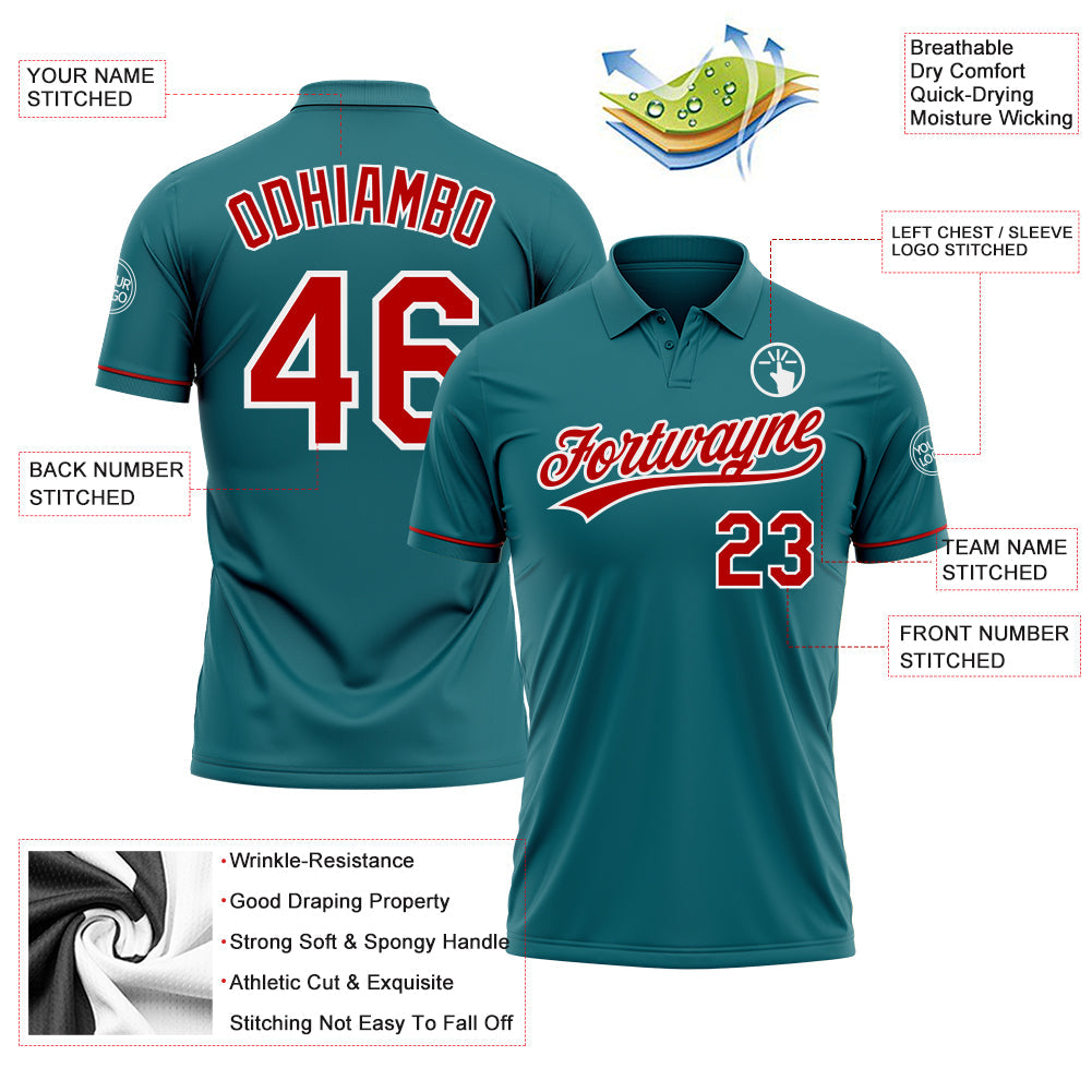 Custom Teal Red-White Performance Vapor Golf Polo Shirt