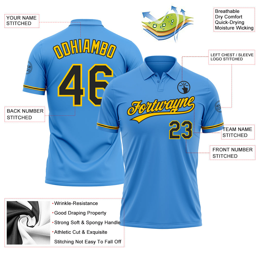 Custom Powder Blue Black-Yellow Performance Vapor Golf Polo Shirt