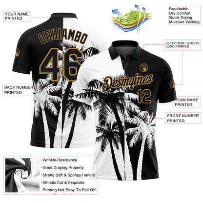 Custom Black White-Old Gold 3D Pattern Design Hawaii Coconut Trees Performance Golf Polo Shirt