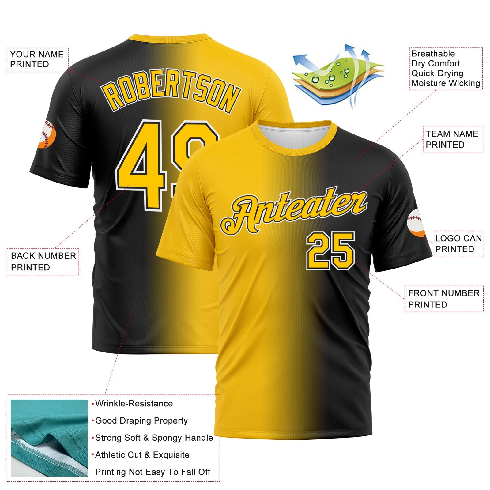 Custom Black Yellow-White Gradient Fashion Performance T-Shirt