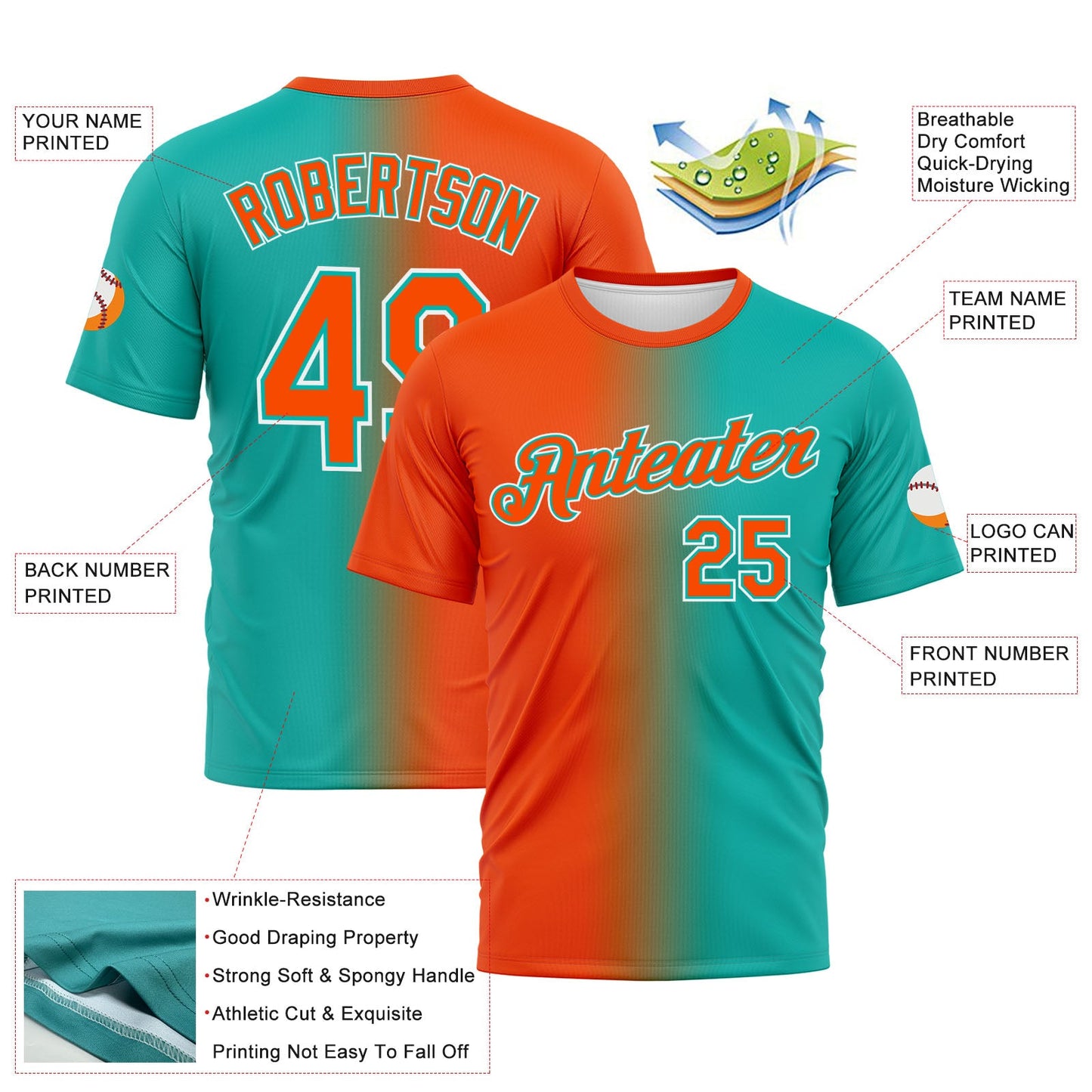 Custom Aqua Orange-White Gradient Fashion Performance T-Shirt