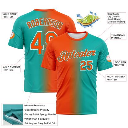 Custom Aqua Orange-White Gradient Fashion Performance T-Shirt