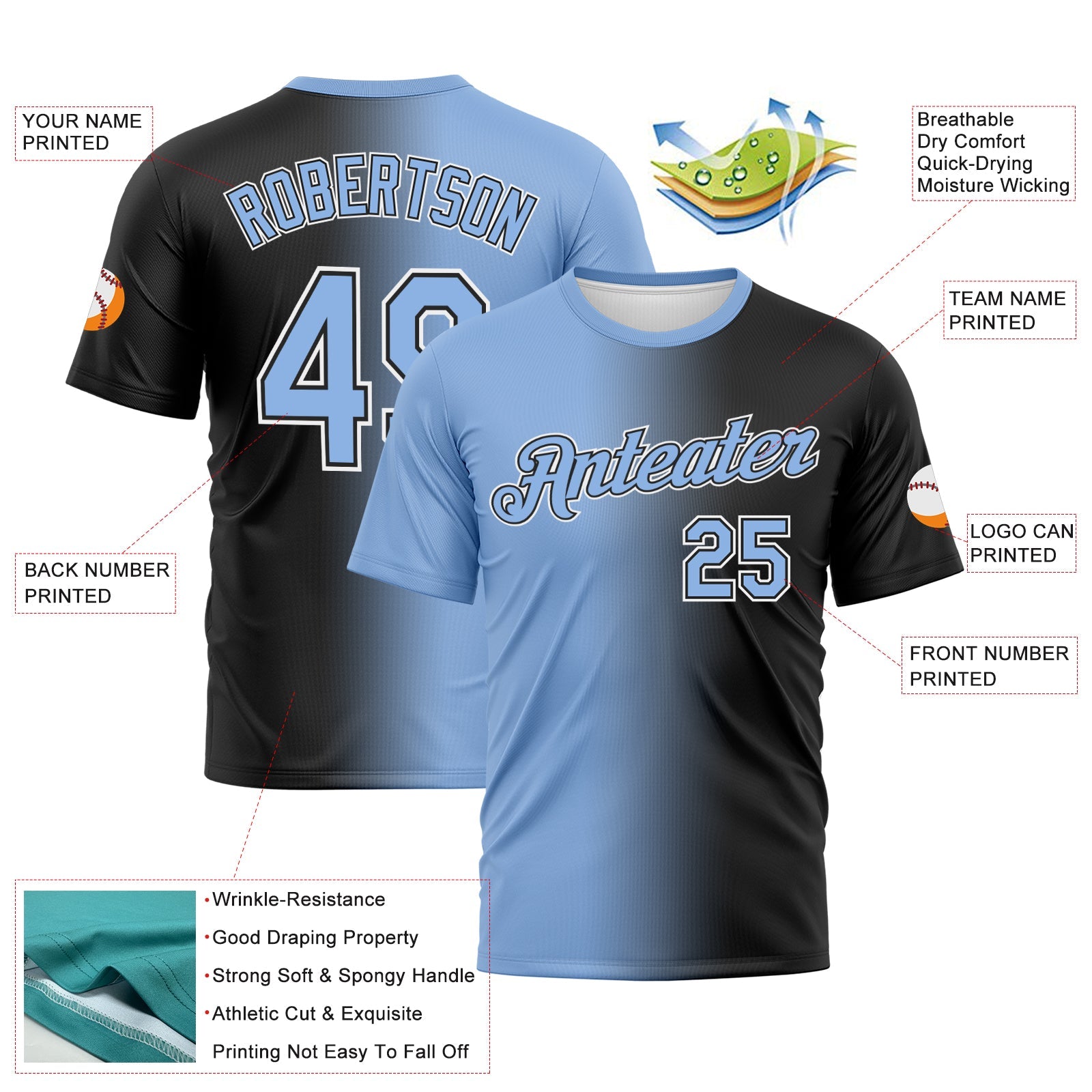 Custom Black Light Blue-White Gradient Fashion Performance T-Shirt
