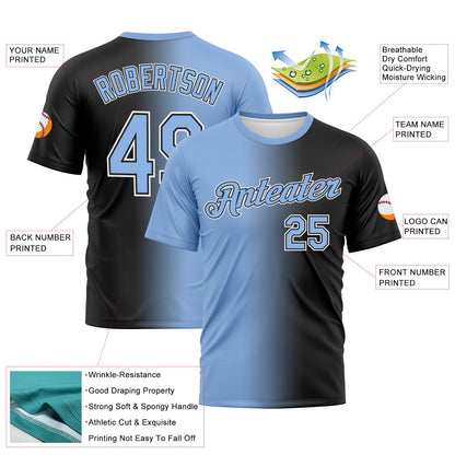 Custom Black Light Blue-White Gradient Fashion Performance T-Shirt