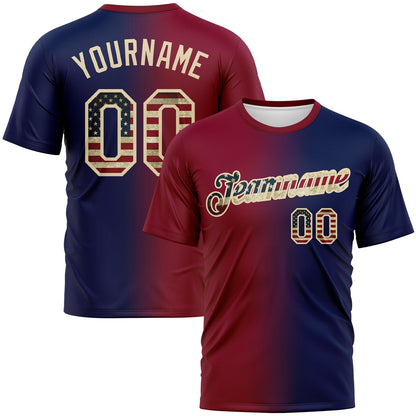 Custom Navy Vintage USA Flag Maroon-Cream Gradient Fashion Performance T-Shirt