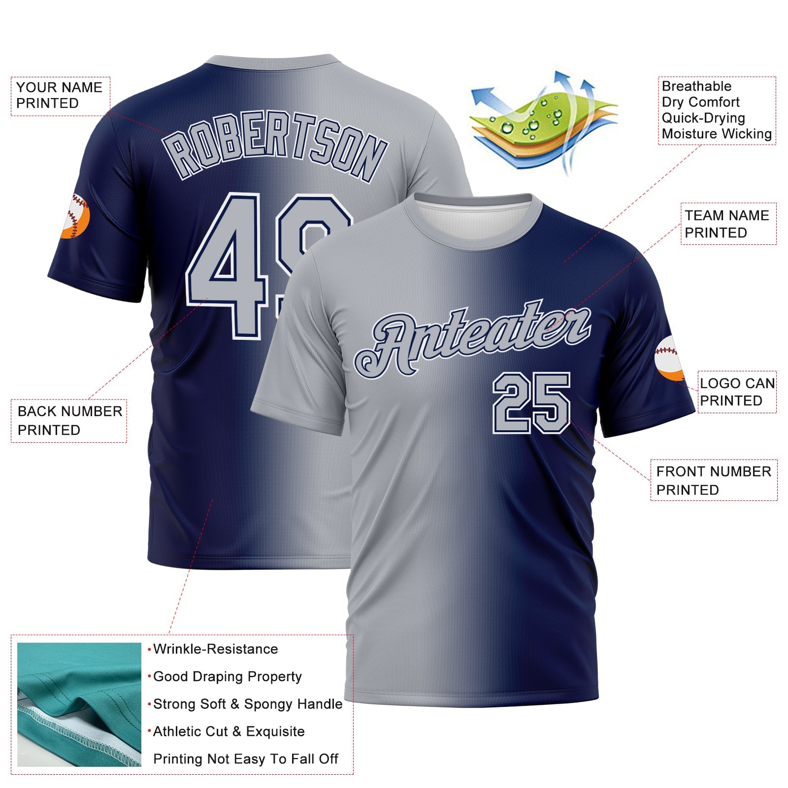 Custom Navy Gray-White Gradient Fashion Performance T-Shirt