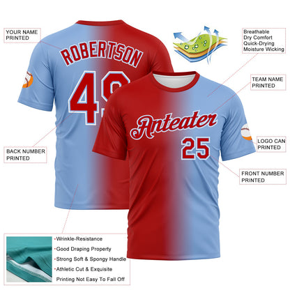 Custom Light Blue Red-White Gradient Fashion Performance T-Shirt