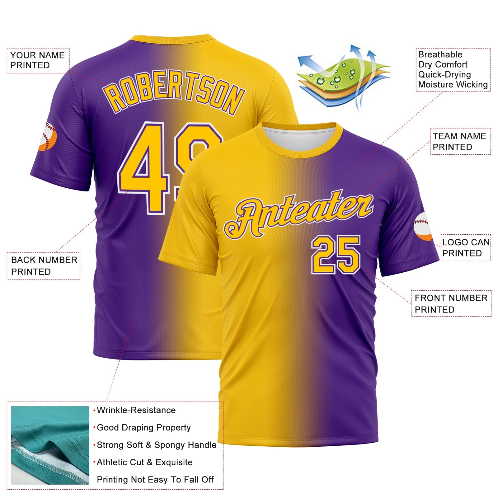 Custom Purple Yellow-White Gradient Fashion Performance T-Shirt