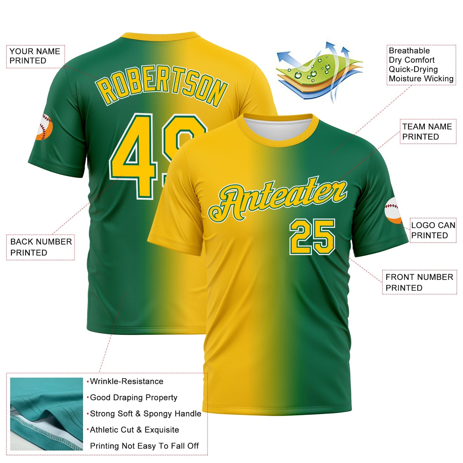 Custom Kelly Green Yellow-White Gradient Fashion Performance T-Shirt