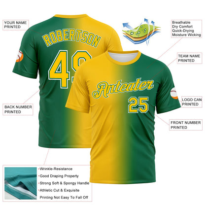 Custom Kelly Green Yellow-White Gradient Fashion Performance T-Shirt