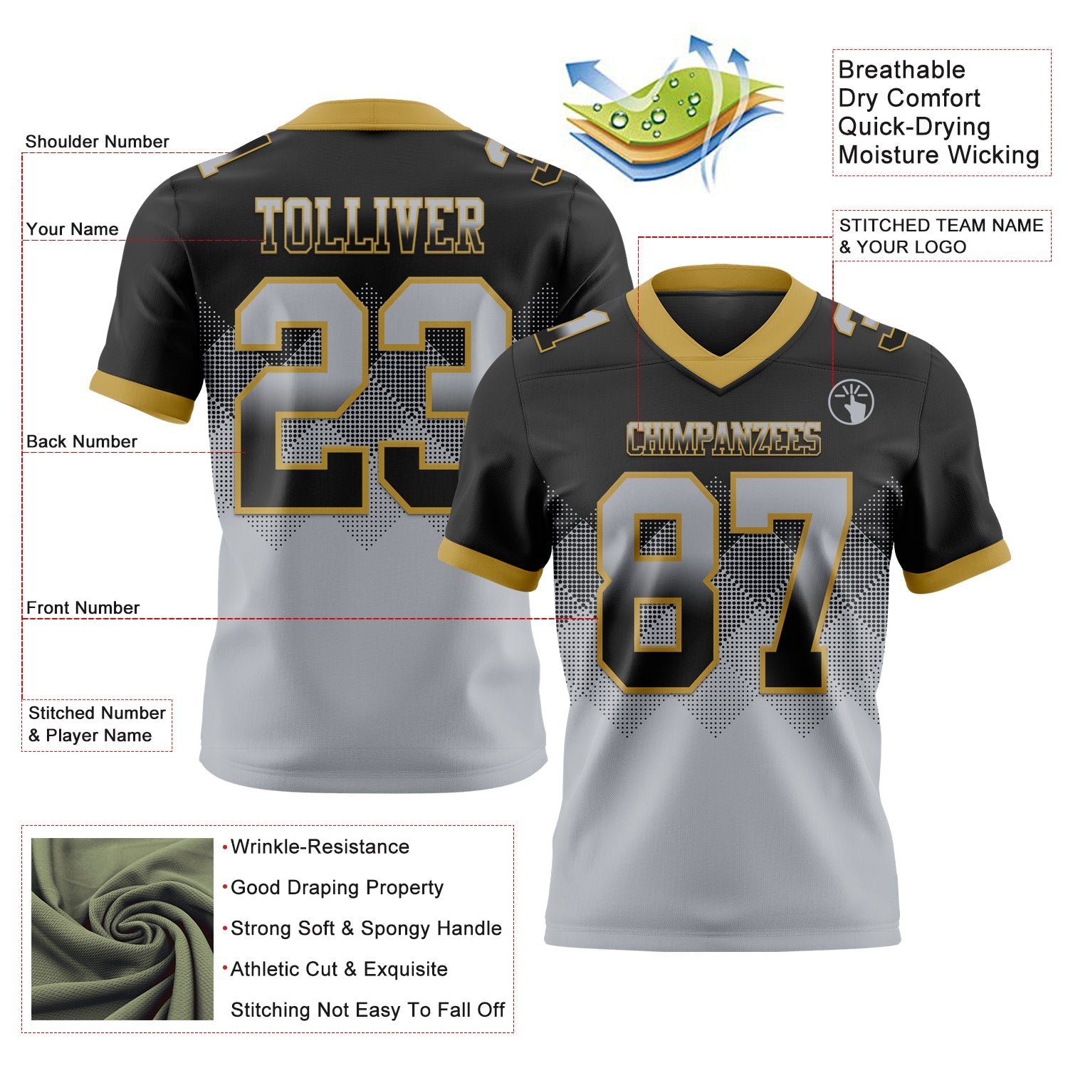 Custom Black Gray-Old Gold Authentic Gradient Square Shape 7V7 Flag Football Jersey