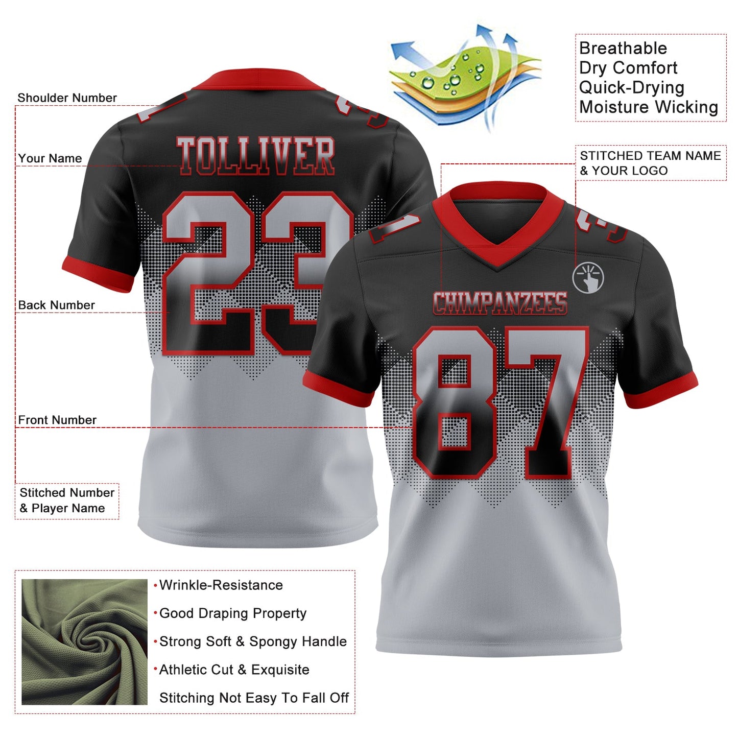 Custom Black Gray-Red Authentic Gradient Square Shape 7V7 Flag Football Jersey