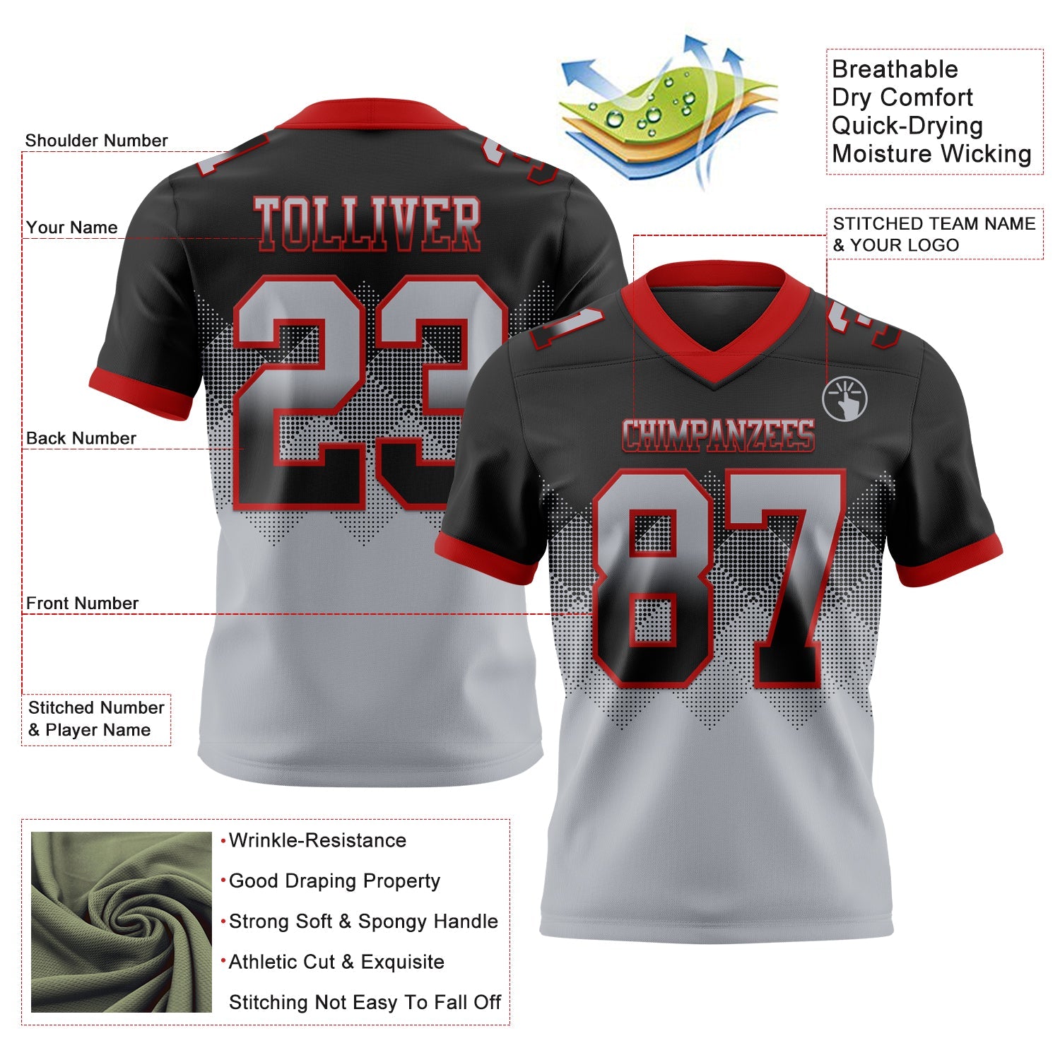 Custom Black Gray-Red Authentic Gradient Square Shape 7V7 Flag Football Jersey