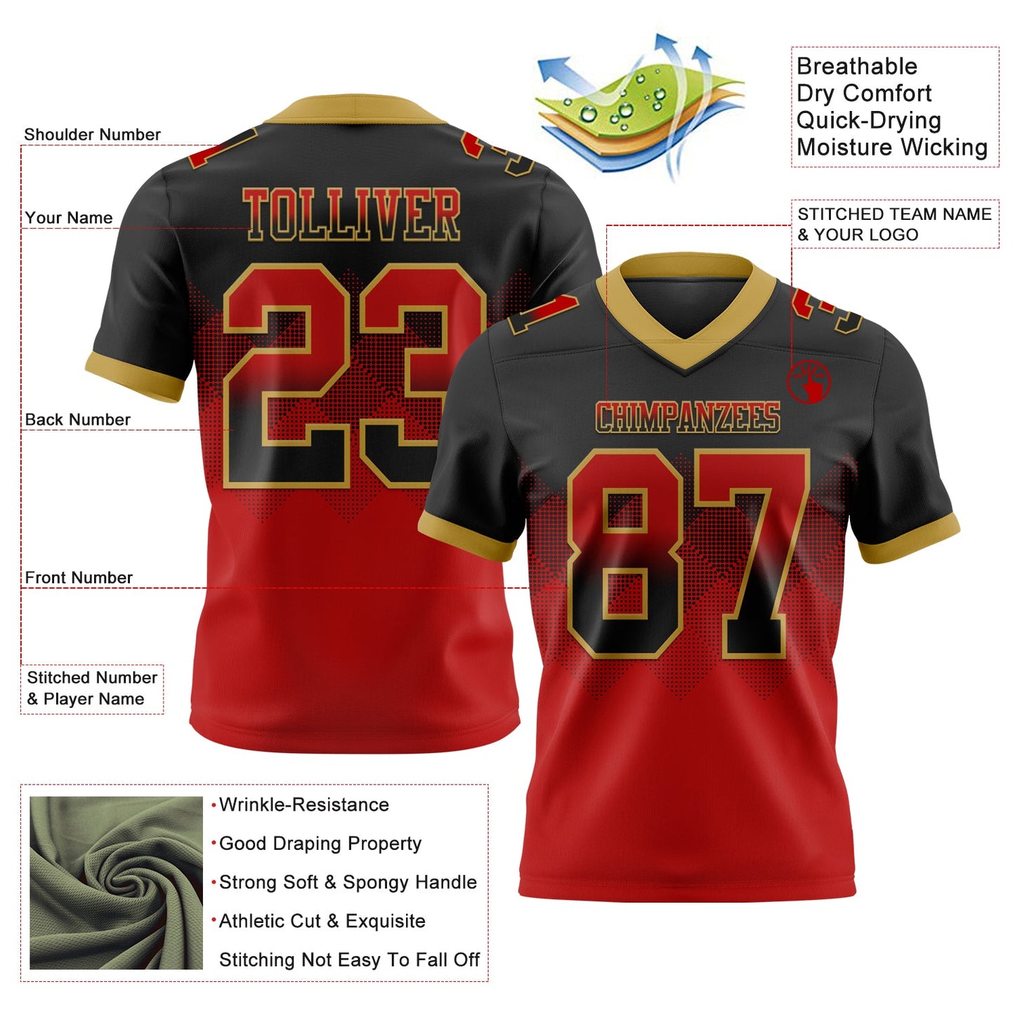 Custom Black Red-Old Gold Authentic Gradient Square Shape 7V7 Flag Football Jersey