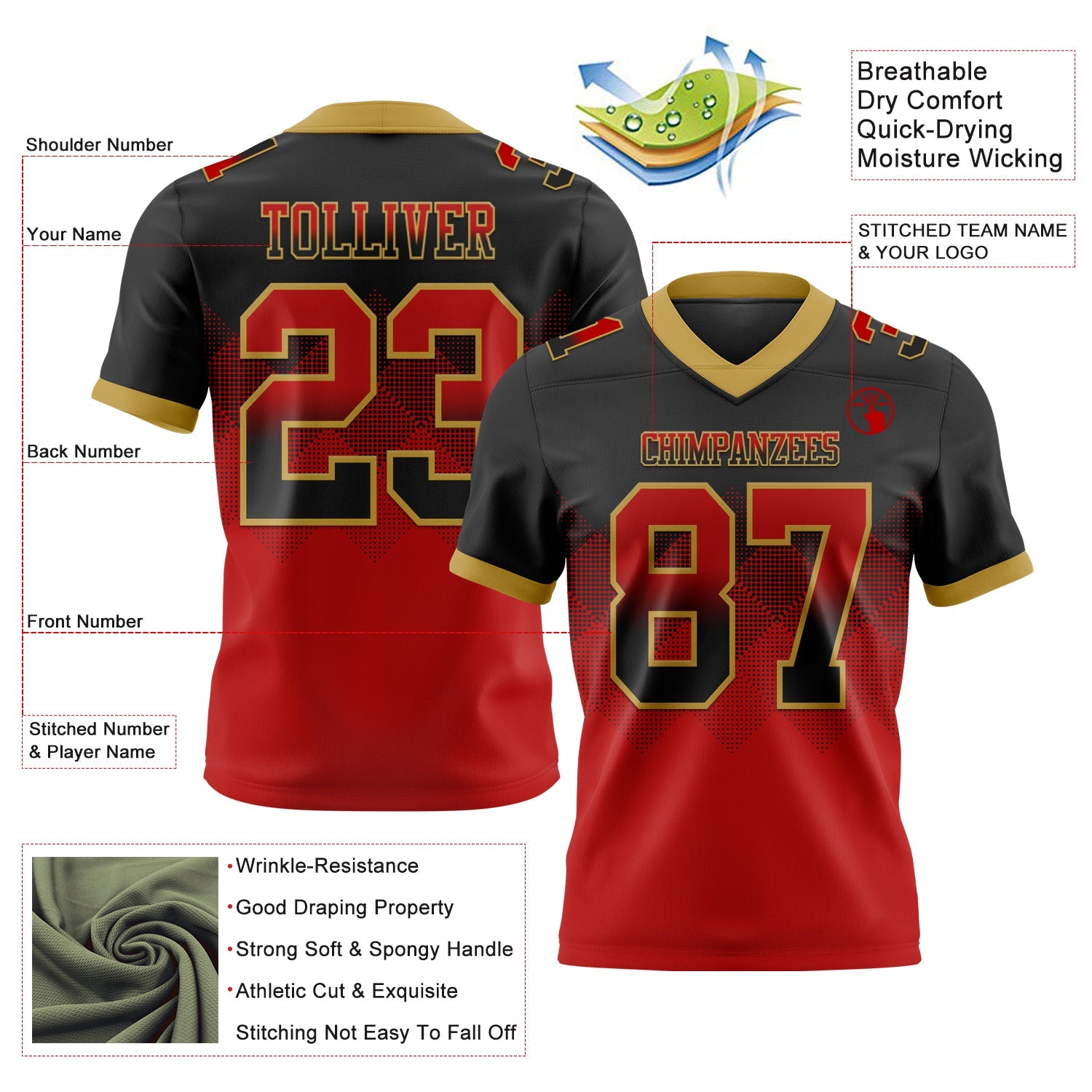 Custom Black Red-Old Gold Authentic Gradient Square Shape 7V7 Flag Football Jersey