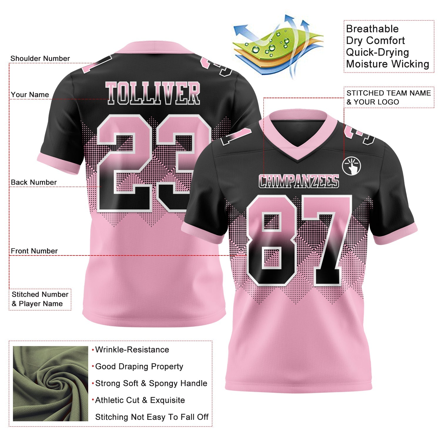 Custom Black Light Pink-White Authentic Gradient Square Shape 7V7 Flag Football Jersey