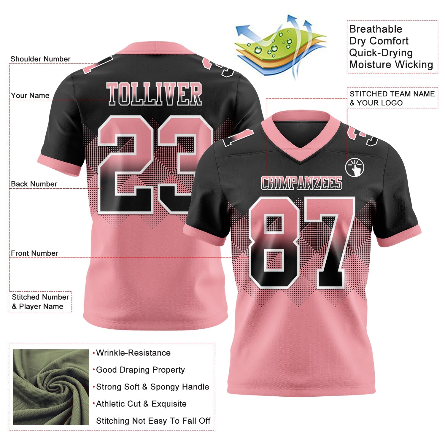 Custom Black Medium Pink-White Authentic Gradient Square Shape 7V7 Flag Football Jersey