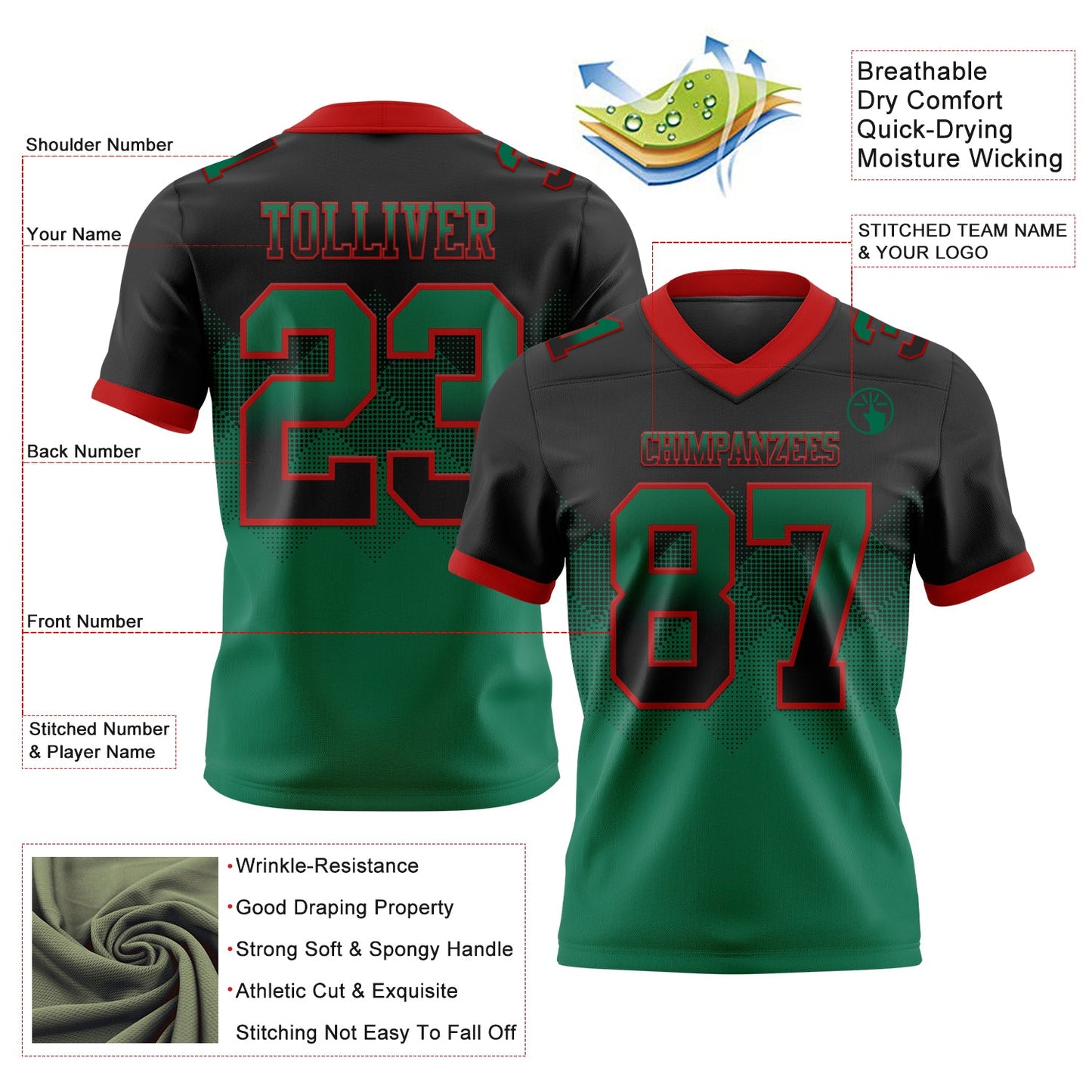 Custom Black Kelly Green-Red Authentic Gradient Square Shape 7V7 Flag Football Jersey