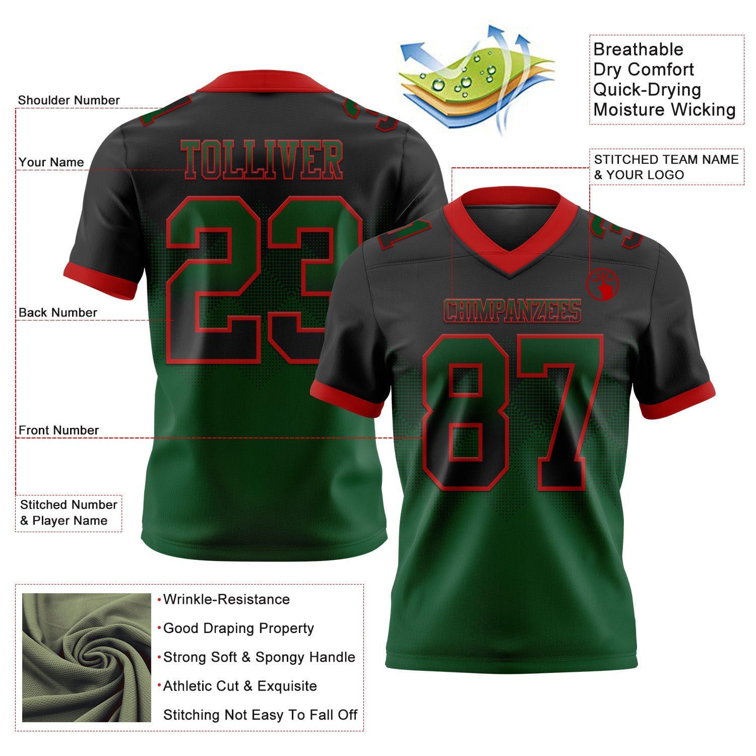 Custom Black Green-Red Authentic Gradient Square Shape 7V7 Flag Football Jersey