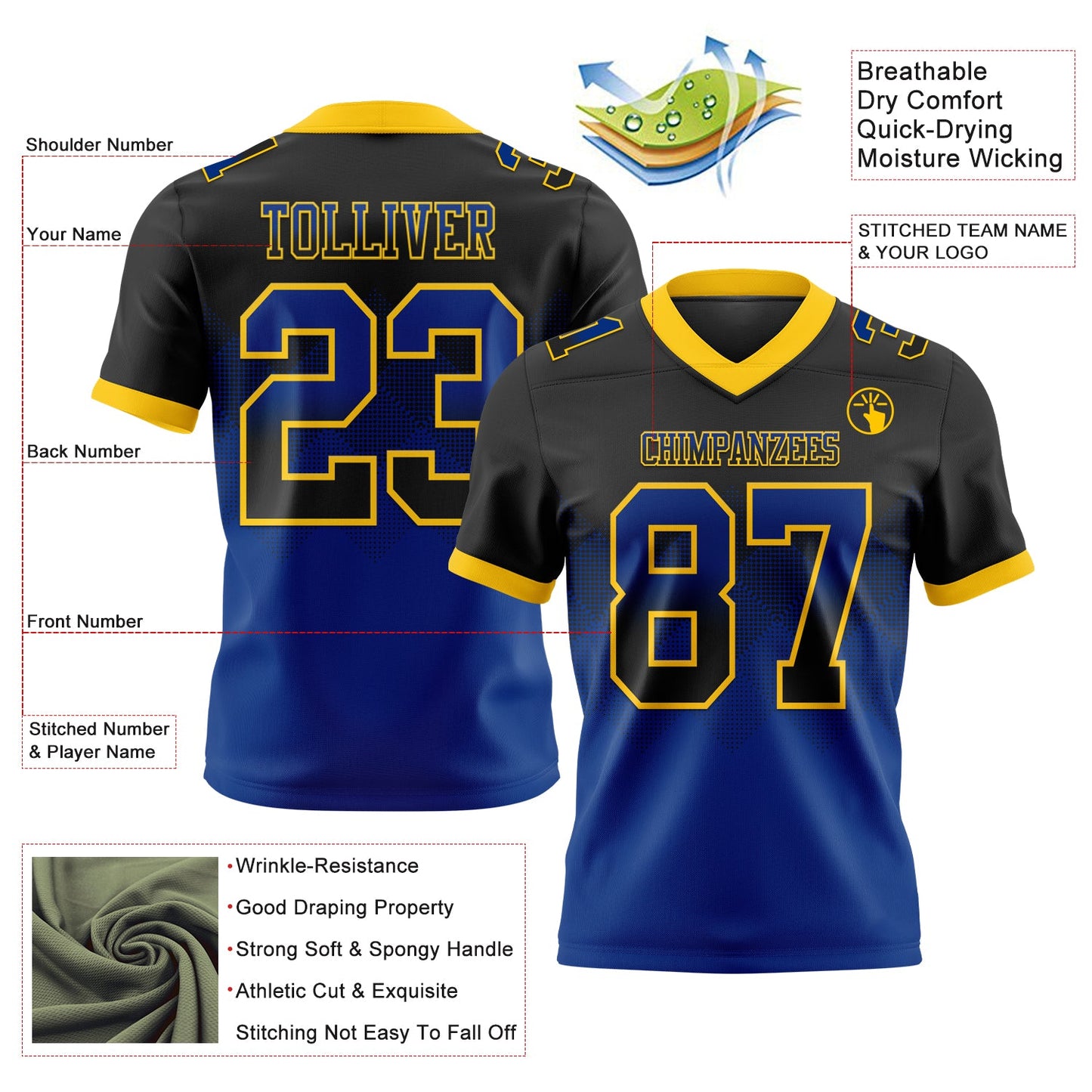 Custom Black Royal-Yellow Authentic Gradient Square Shape 7V7 Flag Football Jersey