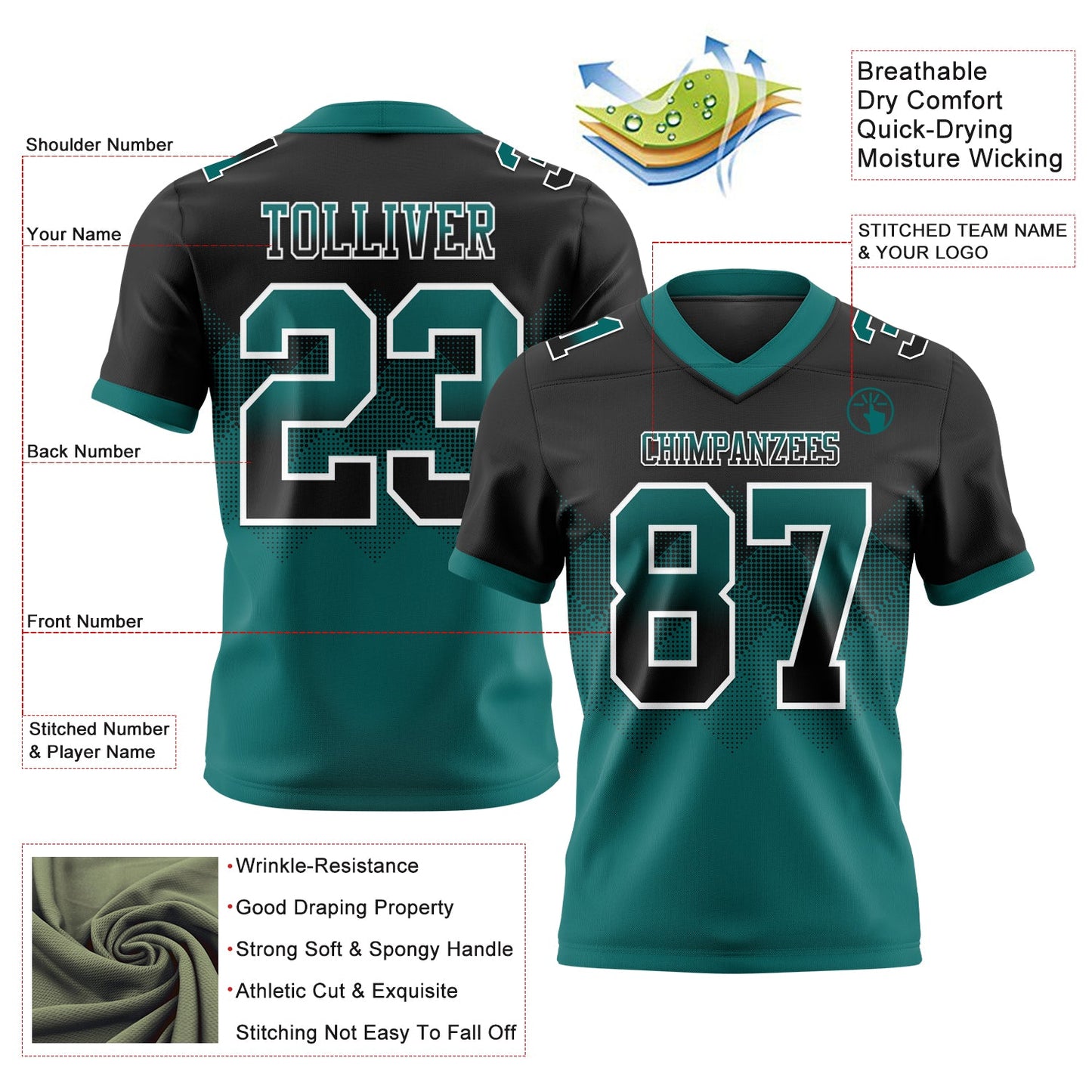 Custom Black Teal-White Authentic Gradient Square Shape 7V7 Flag Football Jersey