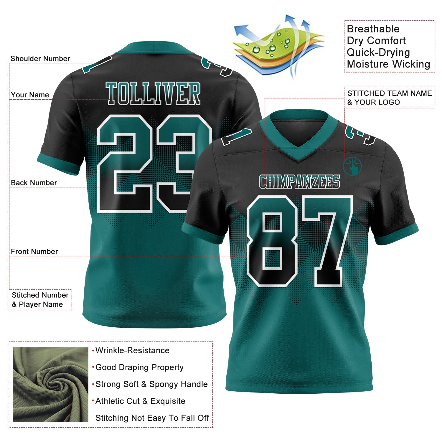 Custom Black Teal-White Authentic Gradient Square Shape 7V7 Flag Football Jersey