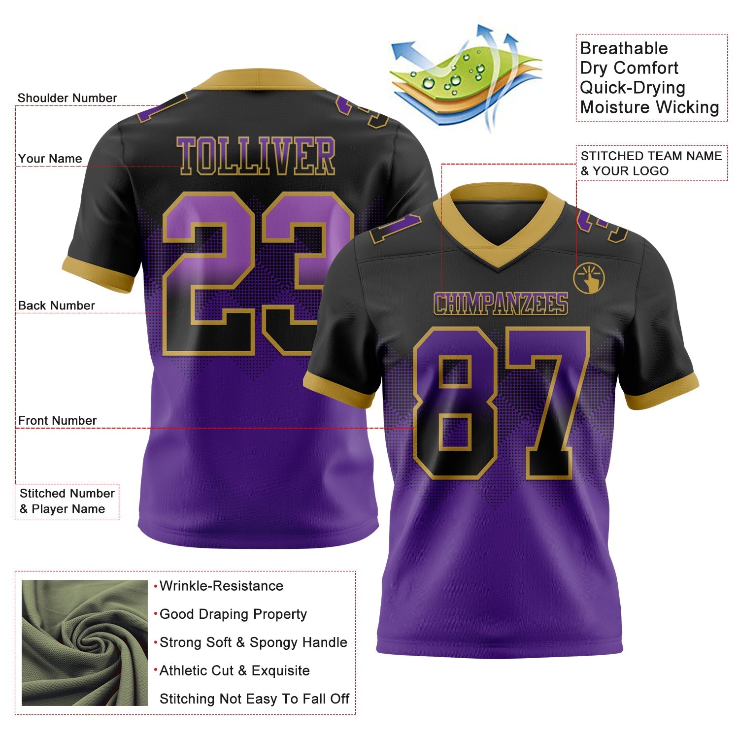 Custom Black Purple-Old Gold Authentic Gradient Square Shape 7V7 Flag Football Jersey