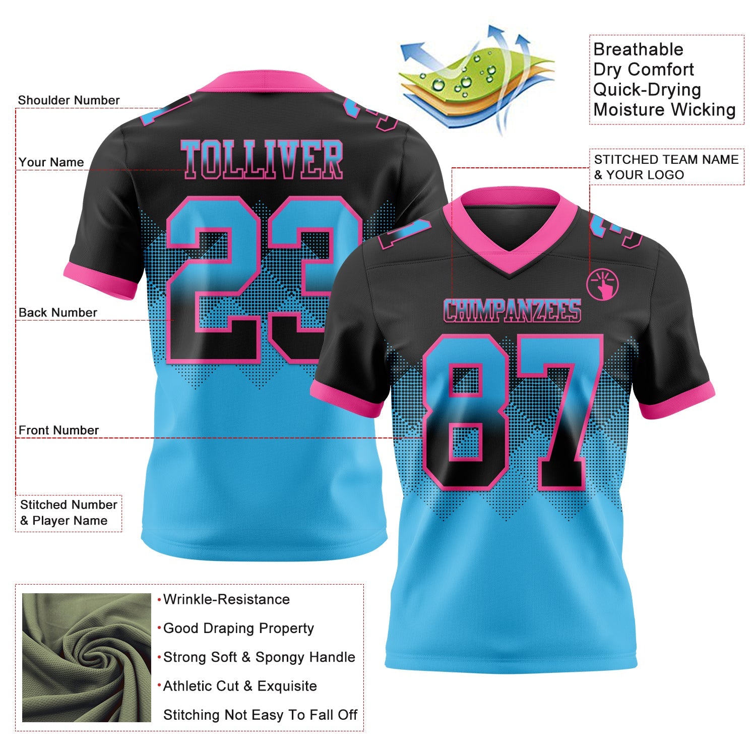 Custom Black Sky Blue-Pink Authentic Gradient Square Shape 7V7 Flag Football Jersey
