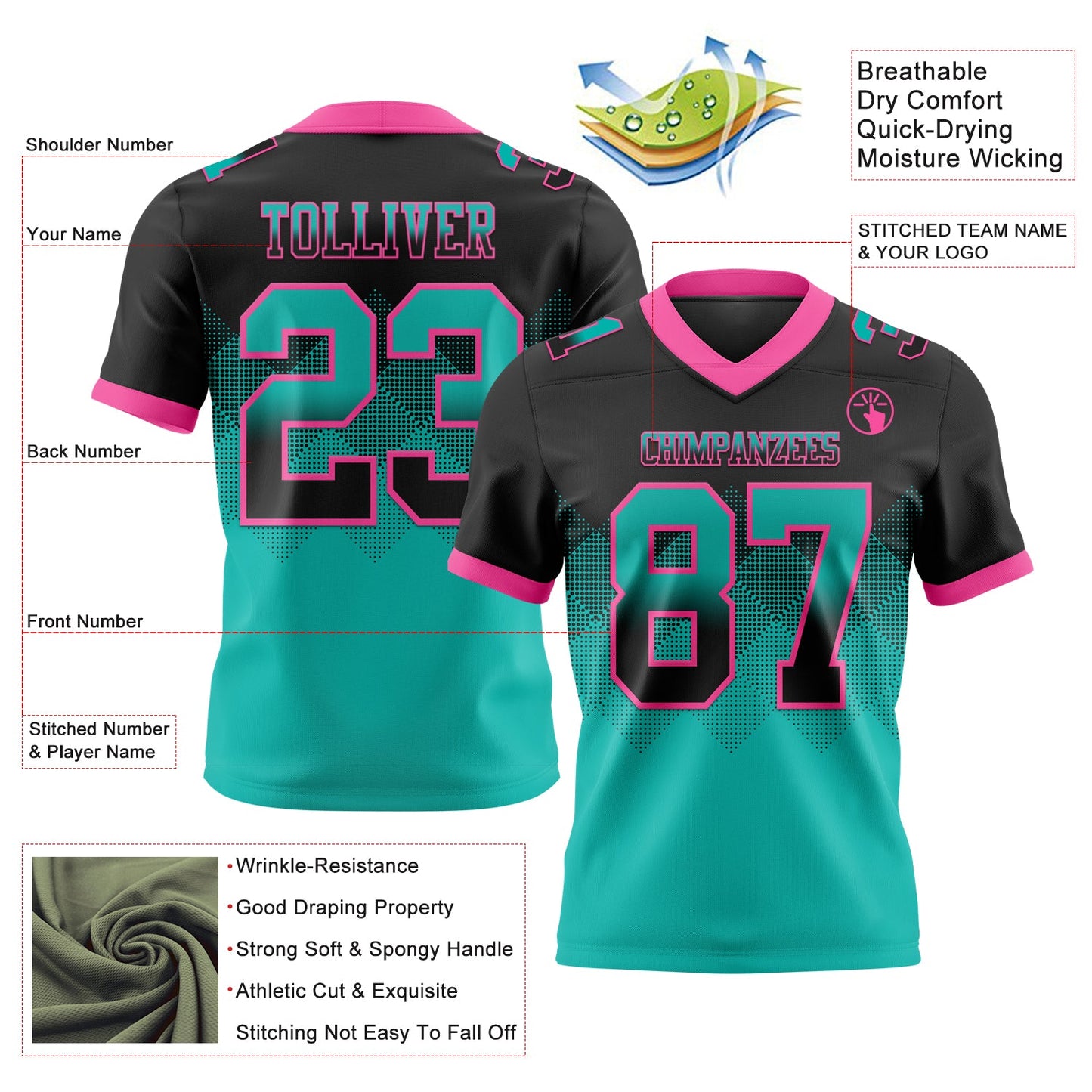 Custom Black Aqua-Pink Authentic Gradient Square Shape 7V7 Flag Football Jersey