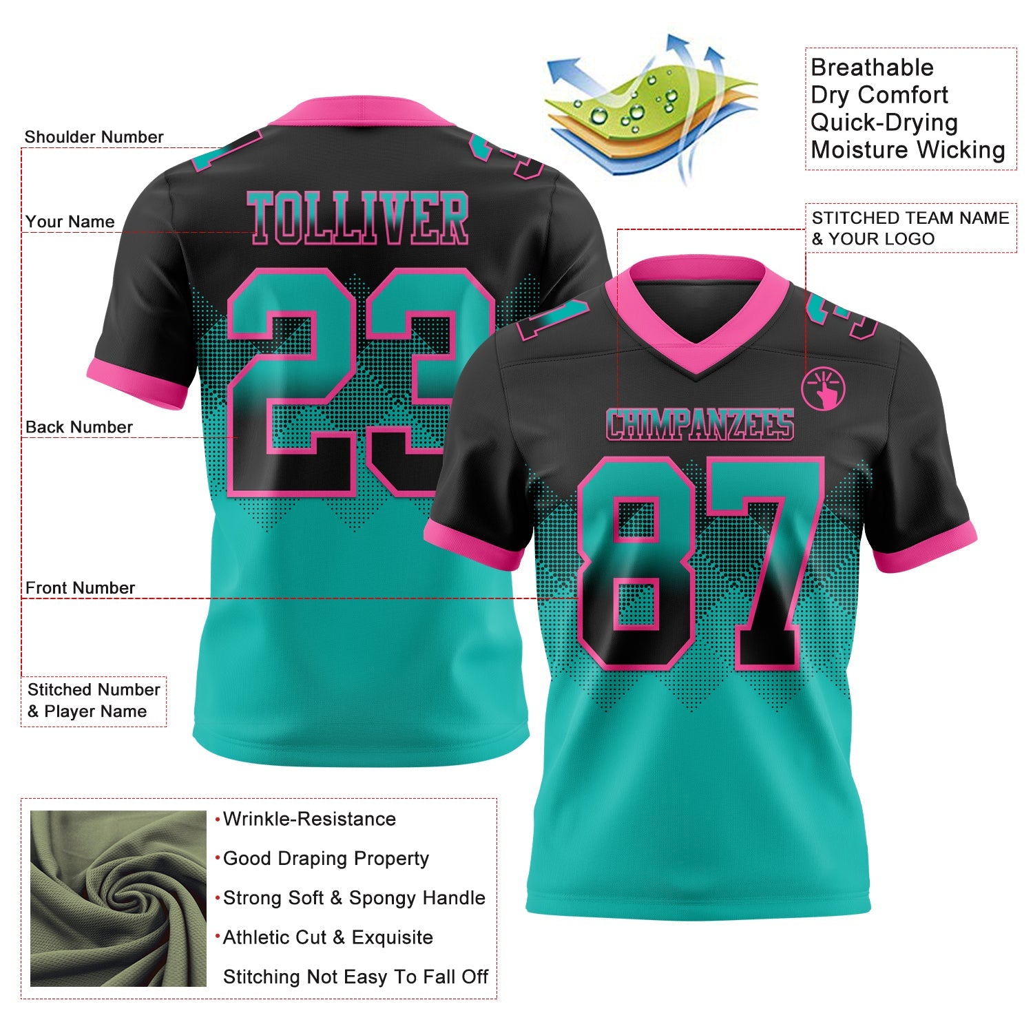 Custom Black Aqua-Pink Authentic Gradient Square Shape 7V7 Flag Football Jersey